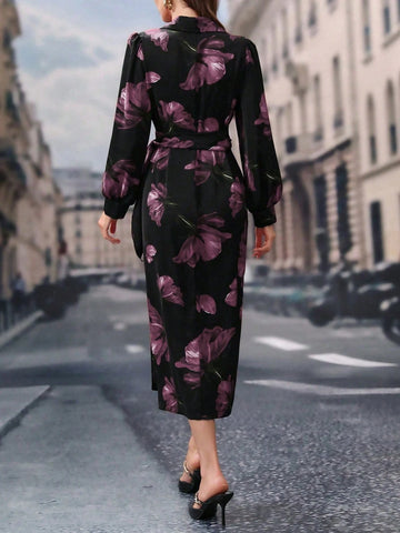 Modelyn Women's Lace-Up Floral Print Long Sleeve Casual Shift Dress