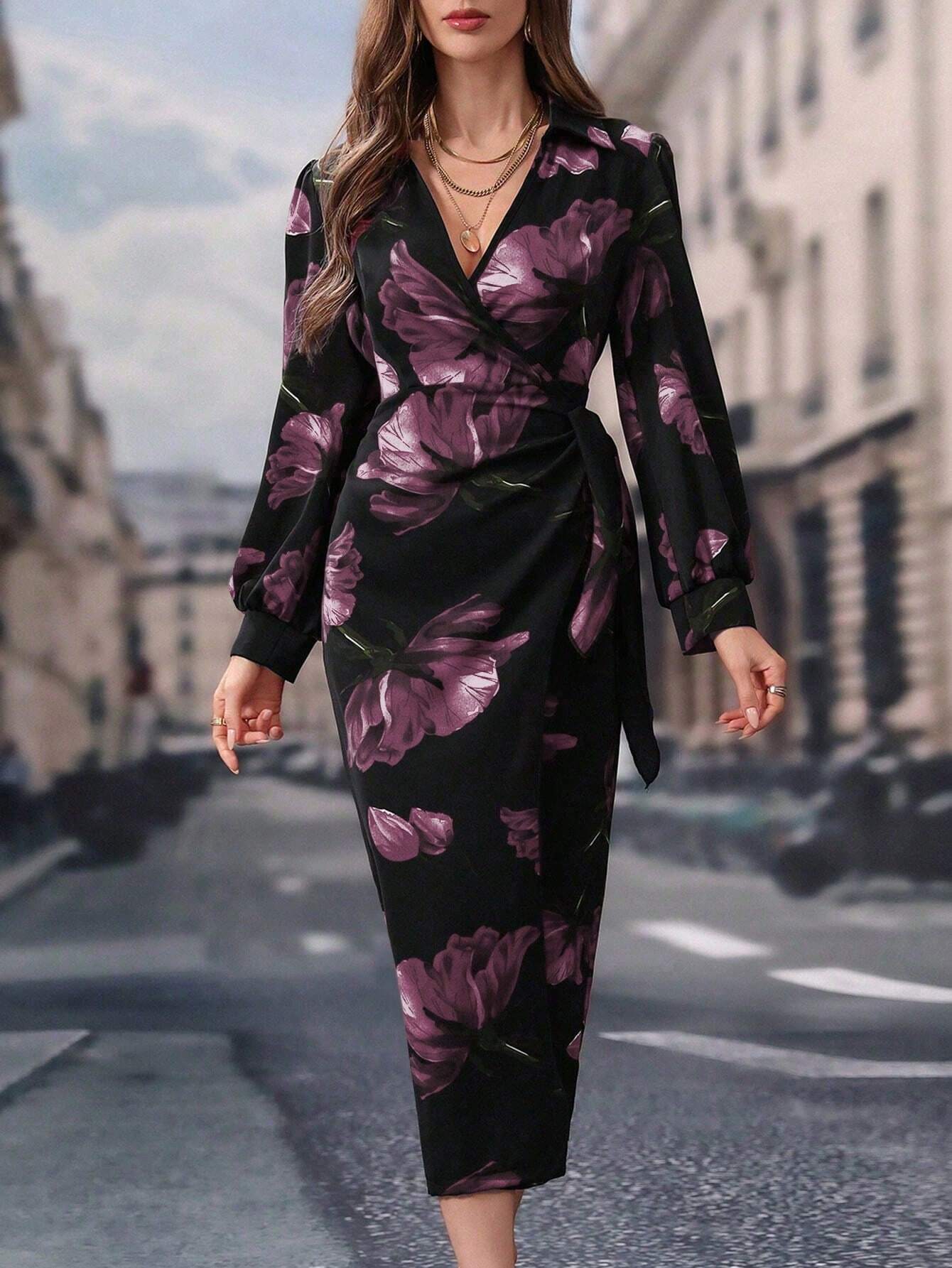 Modelyn Women's Lace-Up Floral Print Long Sleeve Casual Shift Dress shein