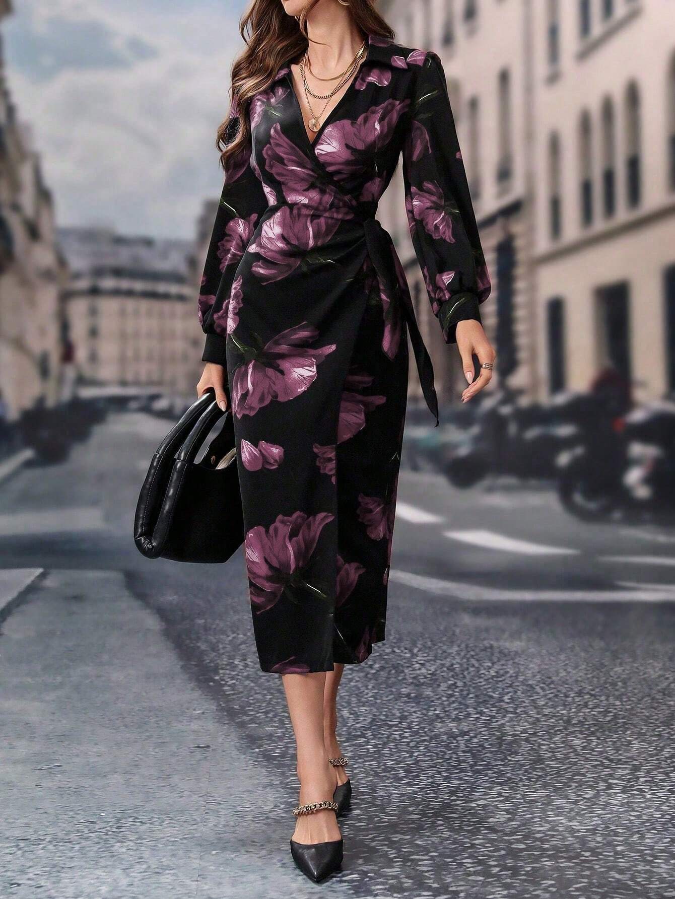 Modelyn Women's Lace-Up Floral Print Long Sleeve Casual Shift Dress shein