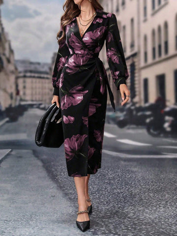 Modelyn Women's Lace-Up Floral Print Long Sleeve Casual Shift Dress