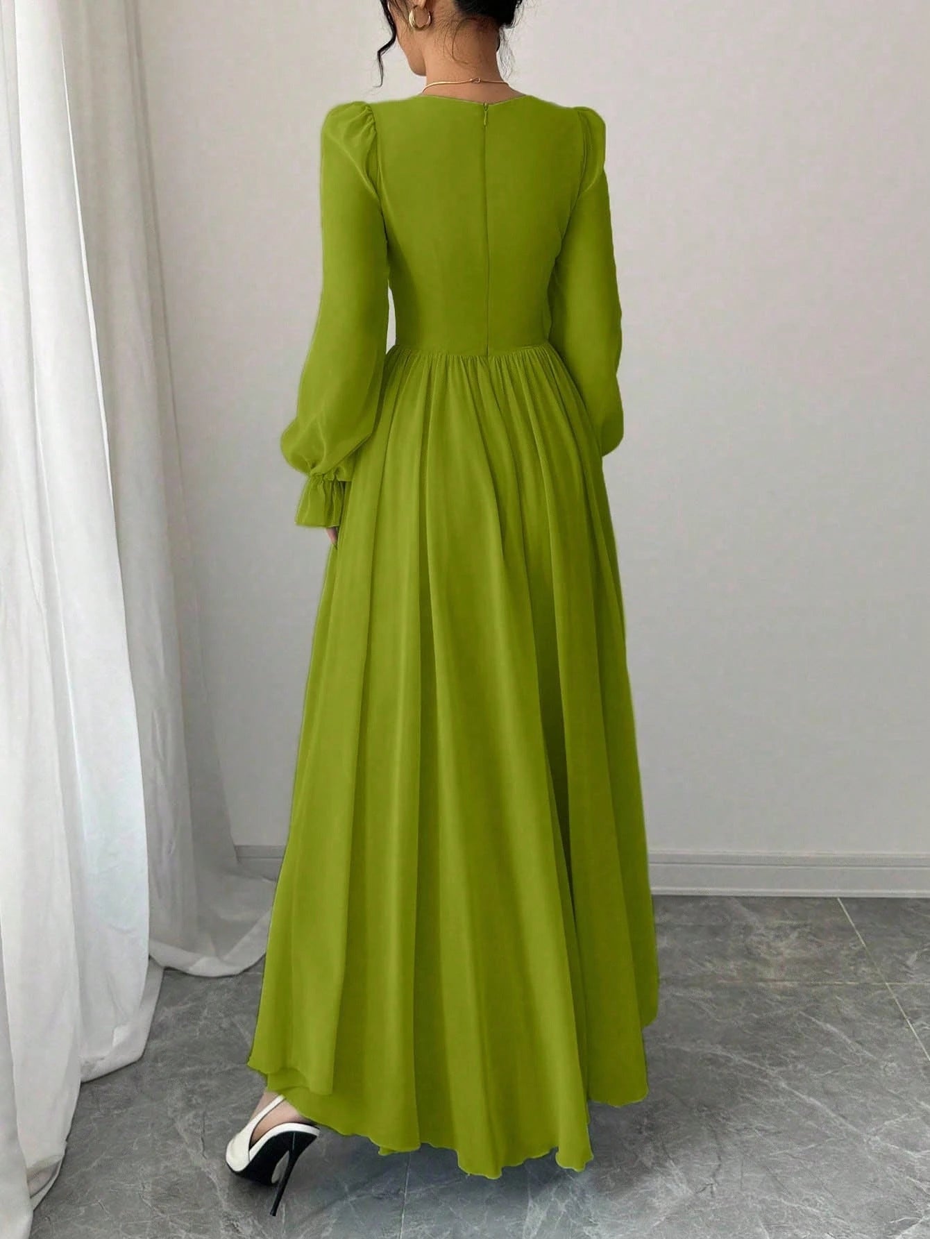 Women's Solid Color Elegant French Style High-Waist Long Sleeve Dress shein
