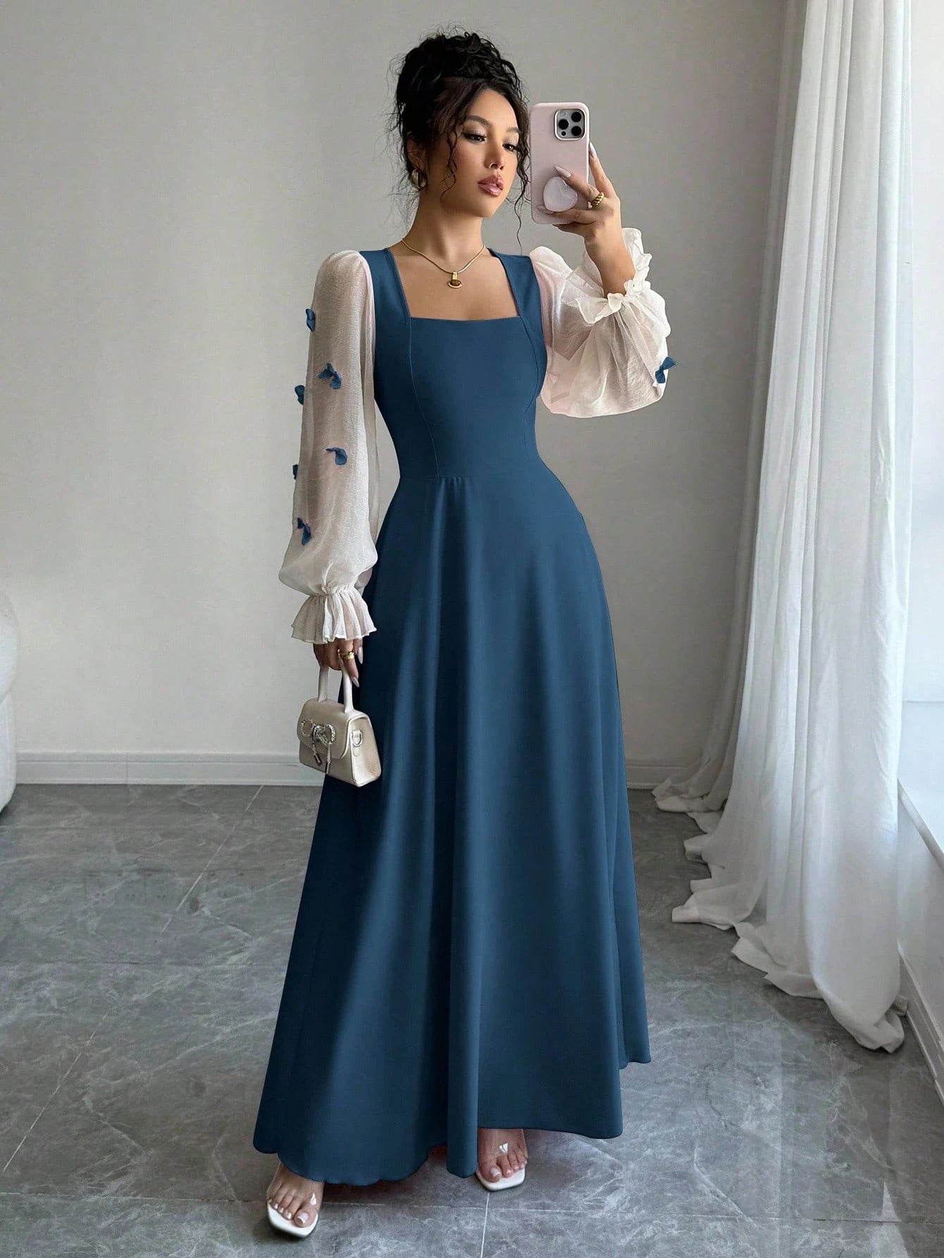 Women Mixed Fabric Bowknot Decor 3D Floral Cinched Waist Woven Dress