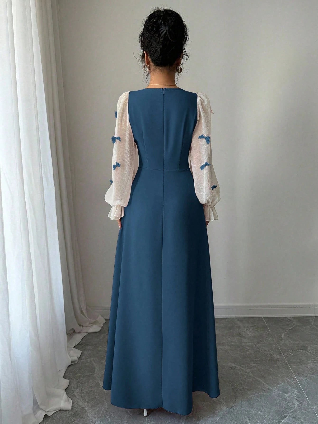 Women Mixed Fabric Bowknot Decor 3D Floral Cinched Waist Woven Dress