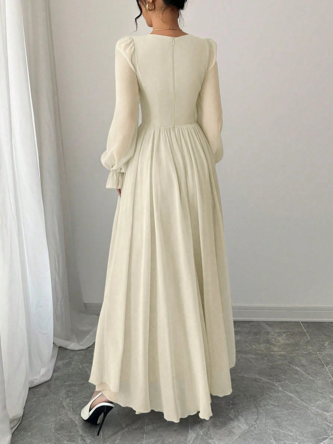 Women's Solid Color Elegant French Style High-Waist Long Sleeve Dress shein