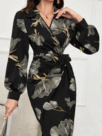 Modelyn Women's Lace-Up Floral Print Long Sleeve Casual Shift Dress shein