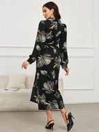 Modelyn Women's Lace-Up Floral Print Long Sleeve Casual Shift Dress shein