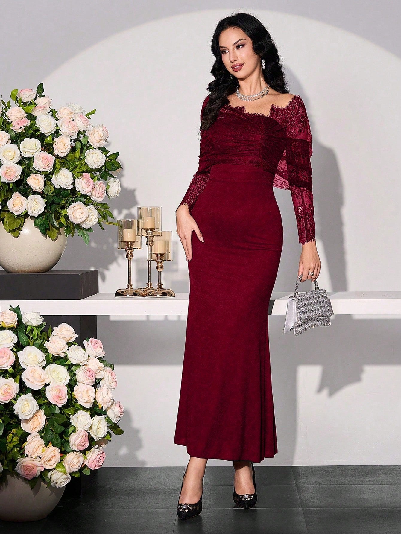 Modelyn Women Asymmetrical Sleeve Lace Patchwork Long Dress shein