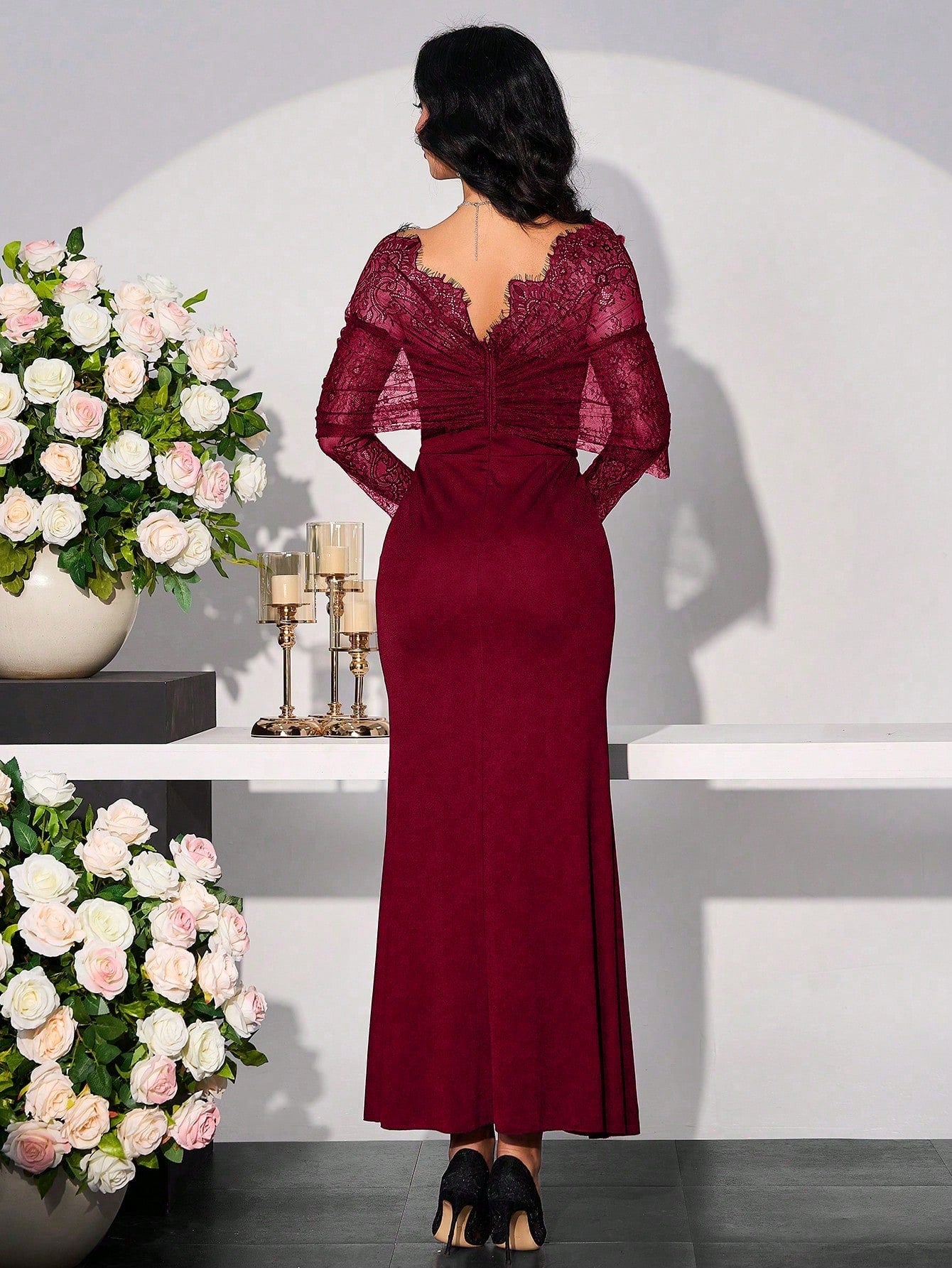 Women Asymmetrical Sleeve Lace Patchwork Long Dress