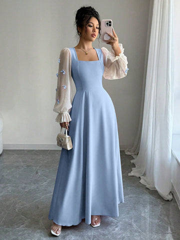 Women Mixed Fabric Bowknot Decor 3D Floral Cinched Waist Woven Dress