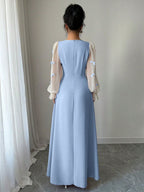Women Mixed Fabric Bowknot Decor 3D Floral Cinched Waist Woven Dress shein