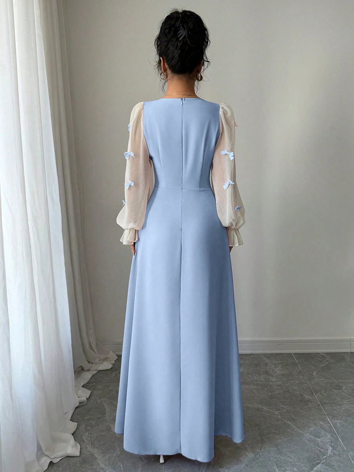 Women Mixed Fabric Bowknot Decor 3D Floral Cinched Waist Woven Dress shein