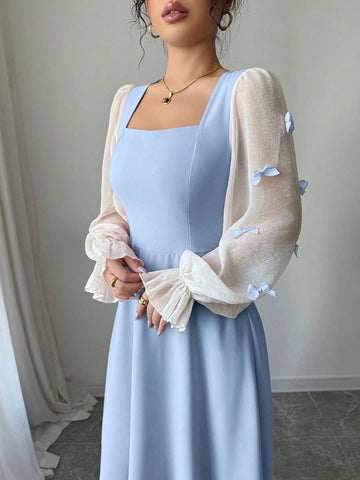 Women Mixed Fabric Bowknot Decor 3D Floral Cinched Waist Woven Dress