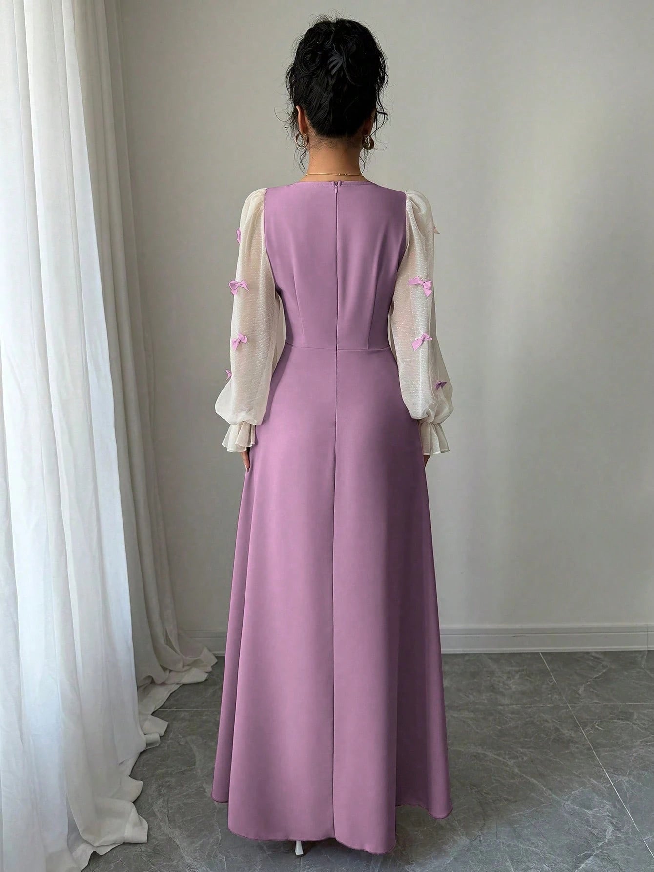 Women Mixed Fabric Bowknot Decor 3D Floral Cinched Waist Woven Dress shein
