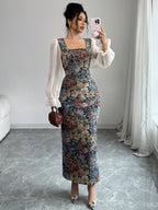 Women's Multi-Color Patchwork Print Chiffon Square Neck Waistline Bodycon Long Sleeve A-Line Dress shein