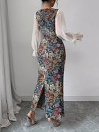 Women's Multi-Color Patchwork Print Chiffon Square Neck Waistline Bodycon Long Sleeve A-Line Dress shein