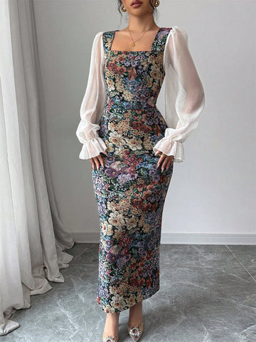 Women's Multi-Color Patchwork Print Chiffon Square Neck Waistline Bodycon Long Sleeve A-Line Dress
