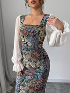 Women's Multi-Color Patchwork Print Chiffon Square Neck Waistline Bodycon Long Sleeve A-Line Dress shein