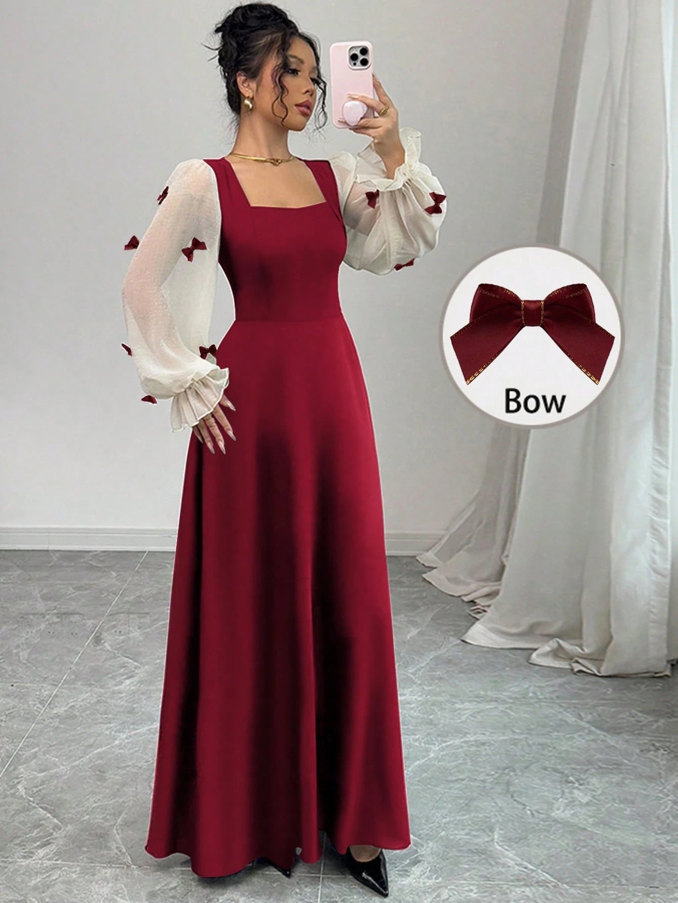 Women Mixed Fabric Bowknot Decor 3D Floral Cinched Waist Woven Dress