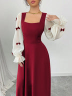 Women Mixed Fabric Bowknot Decor 3D Floral Cinched Waist Woven Dress shein