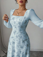 Women's Printed Square Neck Long Sleeve Elegant Summer Dress