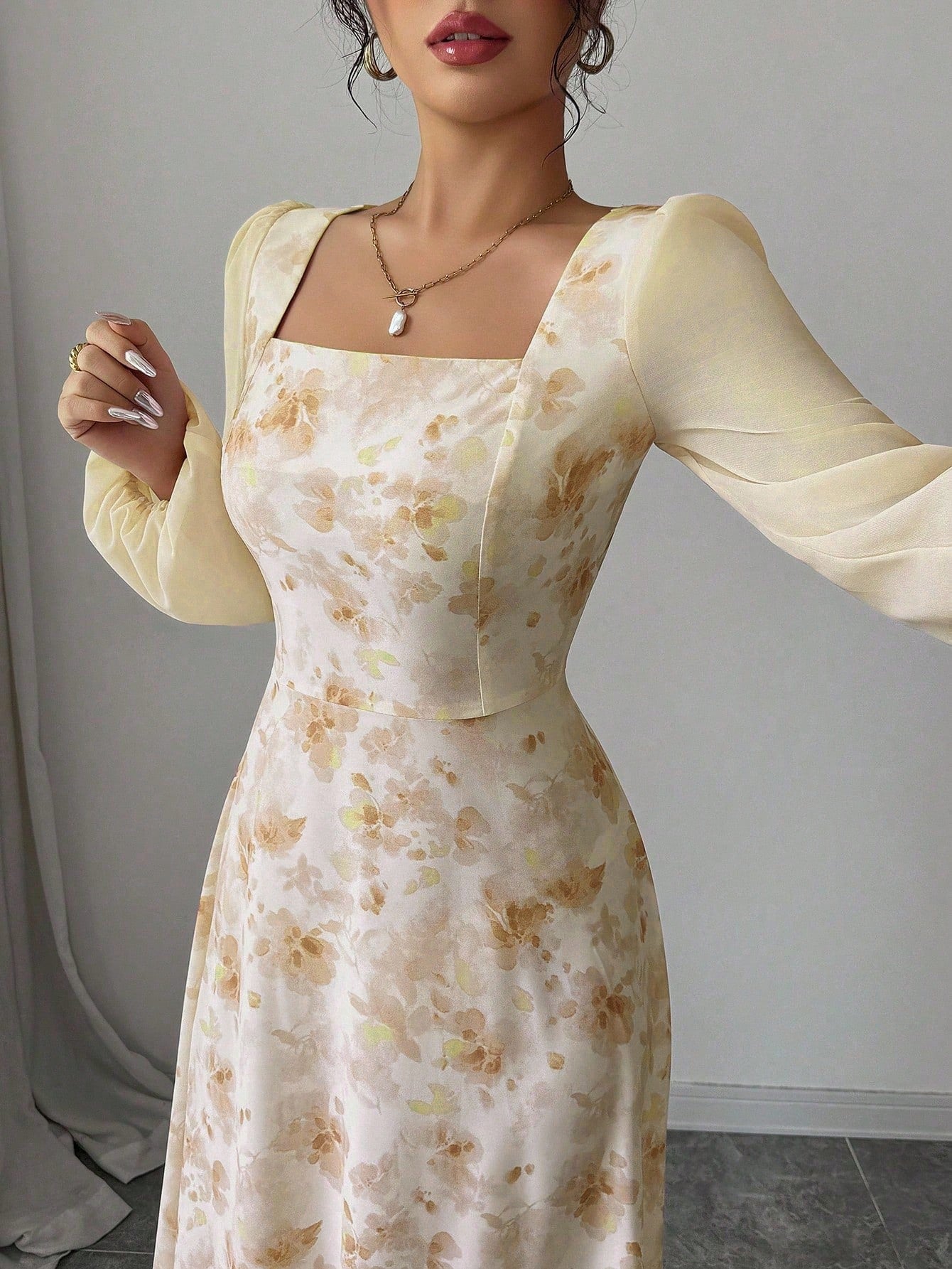 Women's Printed Square Neck Long Sleeve Elegant Summer Dress
