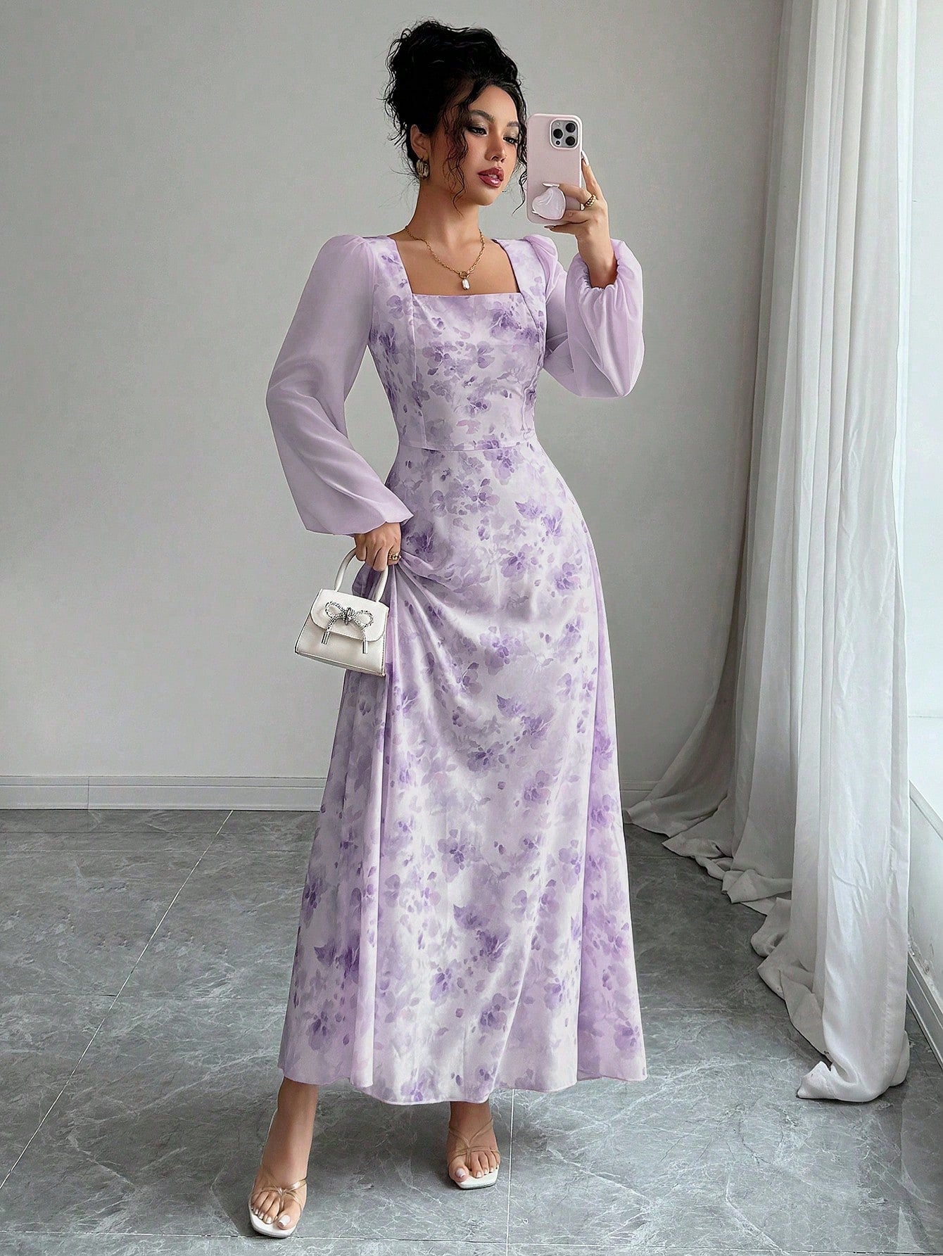 Women's Printed Square Neck Long Sleeve Elegant Summer Dress