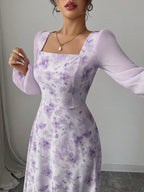 Women's Printed Square Neck Long Sleeve Elegant Summer Dress