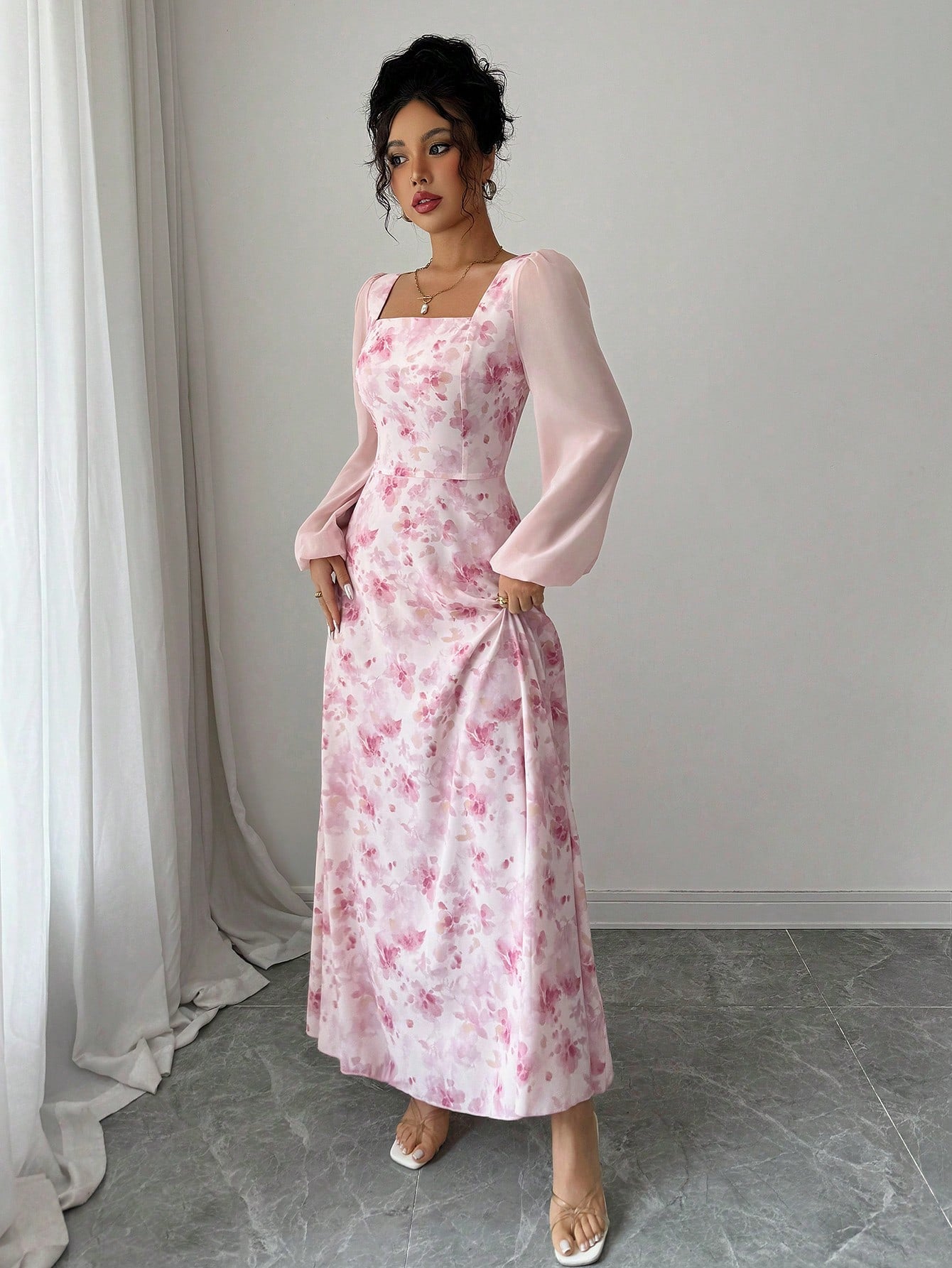 Women's Printed Square Neck Long Sleeve Elegant Summer Dress