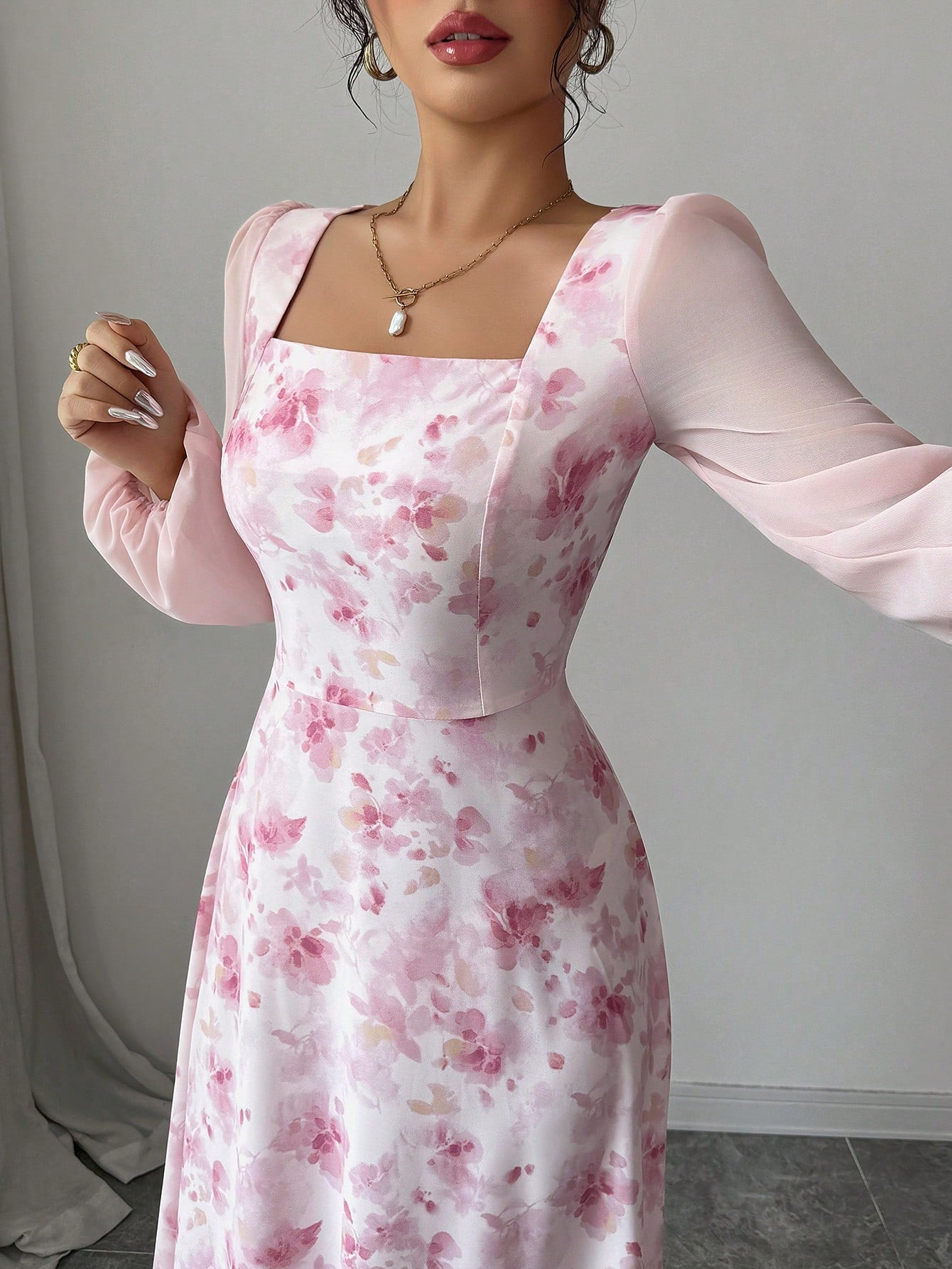 Women's Printed Square Neck Long Sleeve Elegant Summer Dress