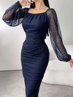 Modelyn Women's Round Neck Long Sleeve Leopard Print Ruched Elegant Mesh Casual Dress shein