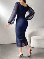 Modelyn Women's Round Neck Long Sleeve Leopard Print Ruched Elegant Mesh Casual Dress shein