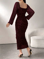 Women's Round Neck Long Sleeve Leopard Print Ruched Elegant Mesh Casual Dress shein