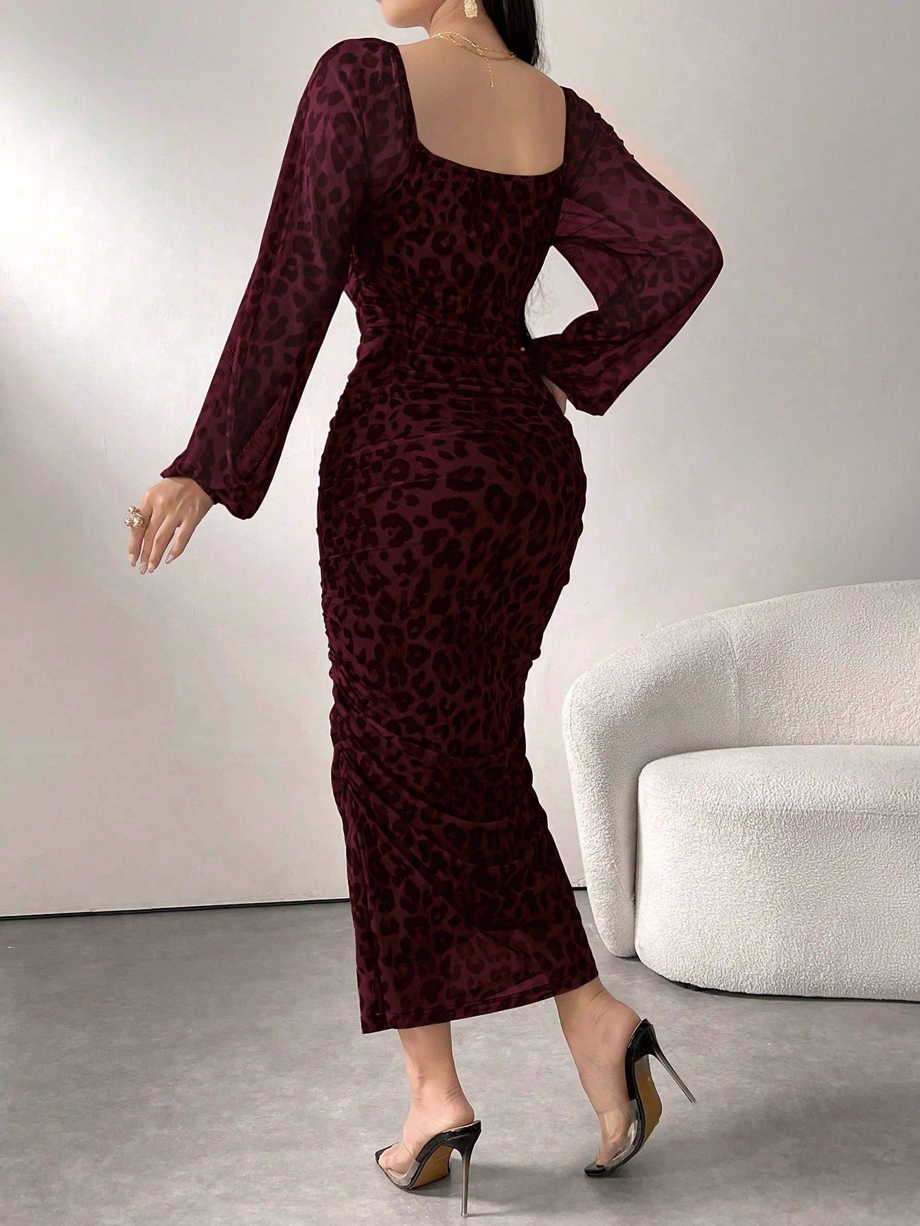 Women's Round Neck Long Sleeve Leopard Print Ruched Elegant Mesh Casual Dress shein