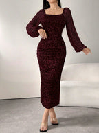 Women's Round Neck Long Sleeve Leopard Print Ruched Elegant Mesh Casual Dress shein