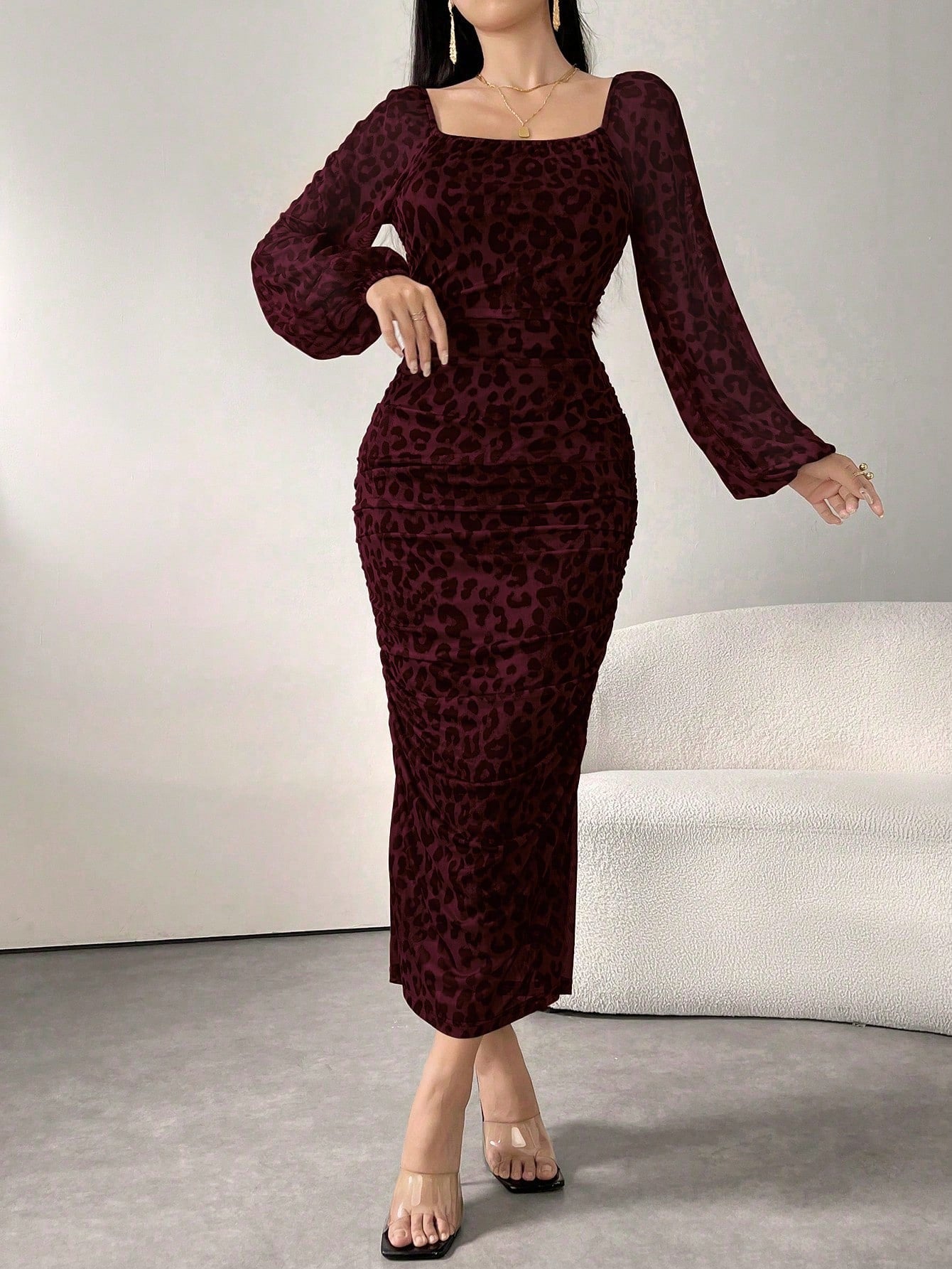 Women's Round Neck Long Sleeve Leopard Print Ruched Elegant Mesh Casual Dress shein