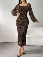 Modelyn Women's Round Neck Long Sleeve Leopard Print Ruched Elegant Mesh Casual Dress shein
