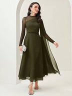 Women's Round Neck Long Sleeve Mesh Contrast Ruffle Maxi Elegant Dress shein
