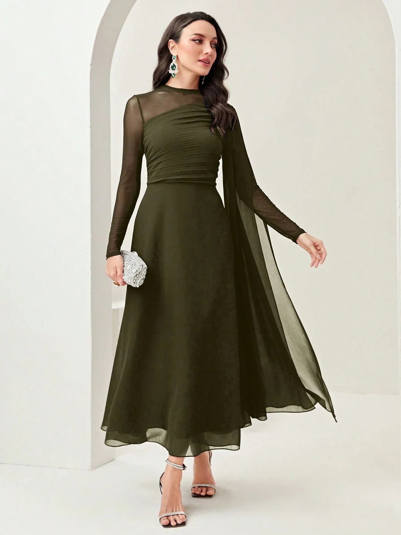 Women's Round Neck Long Sleeve Mesh Contrast Ruffle Maxi Elegant Dress shein