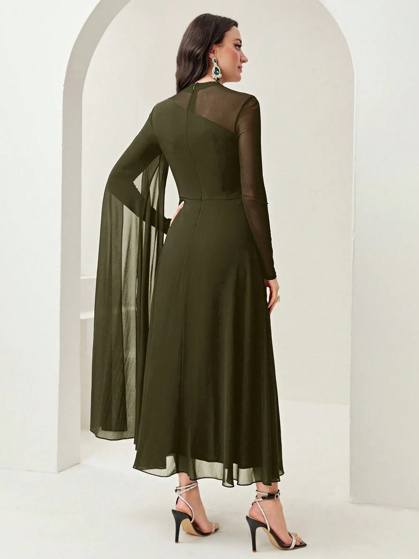 Women's Round Neck Long Sleeve Mesh Contrast Ruffle Maxi Elegant Dress shein