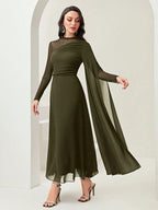 Women's Round Neck Long Sleeve Mesh Contrast Ruffle Maxi Elegant Dress shein