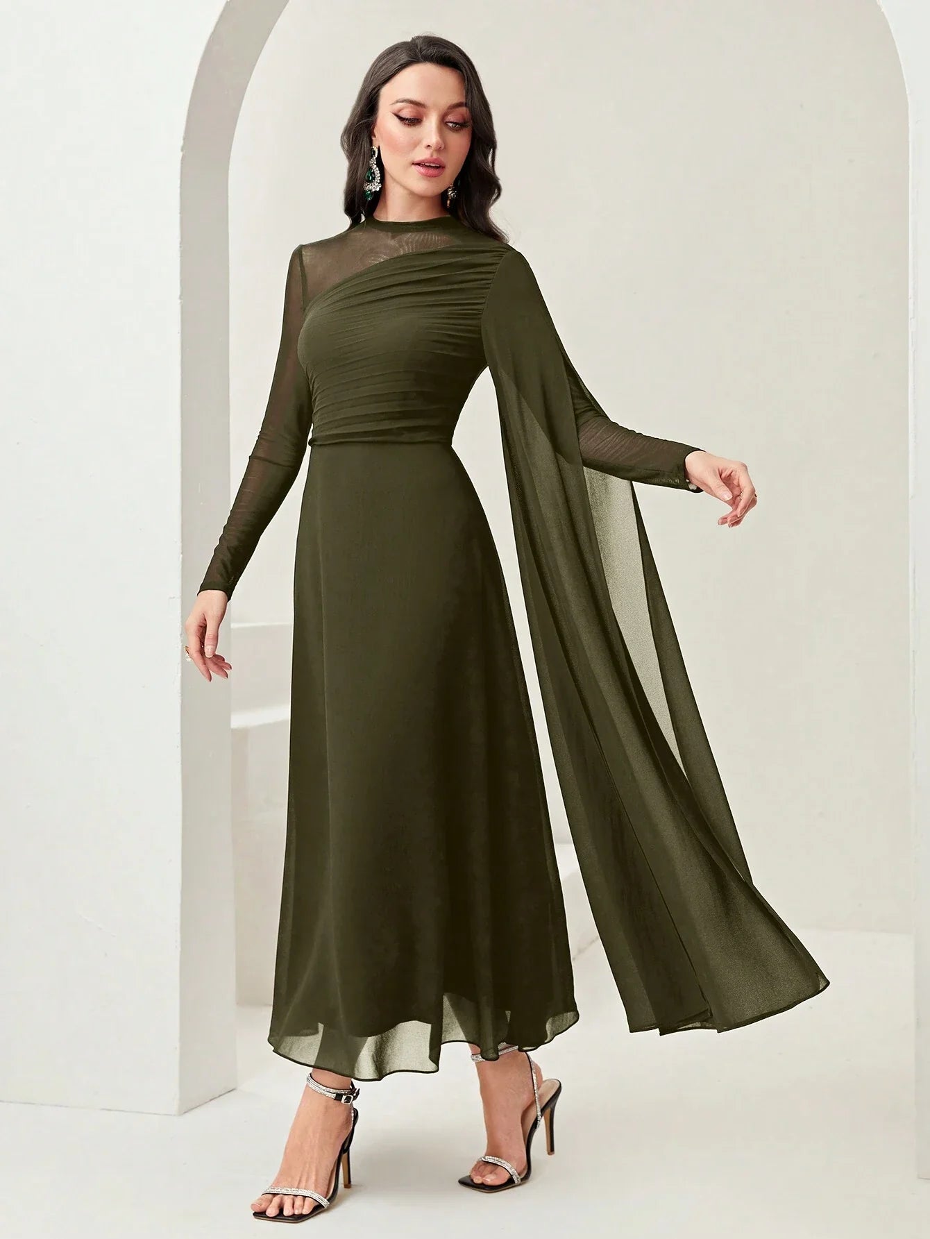 Women's Round Neck Long Sleeve Mesh Contrast Ruffle Maxi Elegant Dress shein