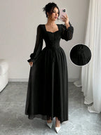 Women's Solid Color Elegant French Style High-Waist Long Sleeve Dress shein