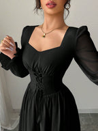 Women's Solid Color Elegant French Style High-Waist Long Sleeve Dress shein