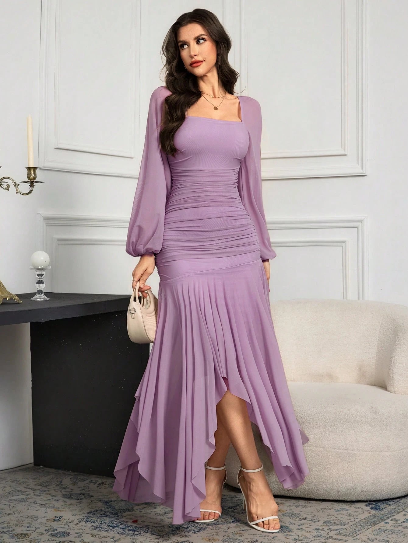 Modelyn Women's Solid Color Mesh Splicing Pleated Casual Long Dress shein