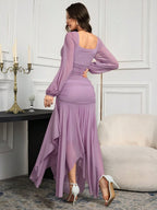 Modelyn Women's Solid Color Mesh Splicing Pleated Casual Long Dress shein