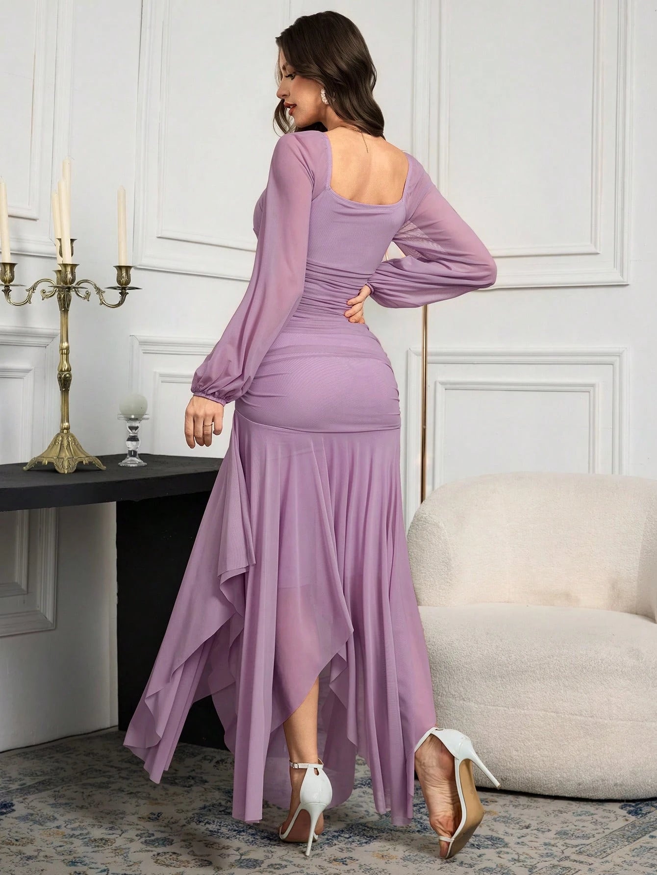 Modelyn Women's Solid Color Mesh Splicing Pleated Casual Long Dress shein