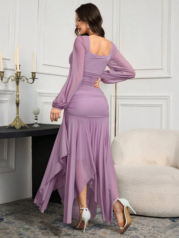 Modelyn Women's Solid Color Mesh Splicing Pleated Casual Long Dress