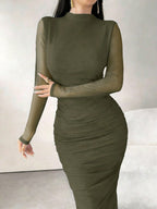 Long Sleeve Stand Collar Mesh Contrast Pleated Elegant Dress