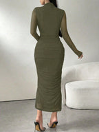 Long Sleeve Stand Collar Mesh Contrast Pleated Elegant Dress