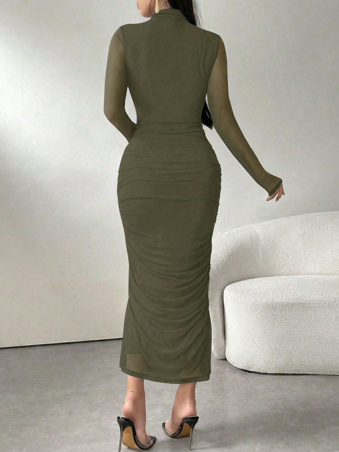 Long Sleeve Stand Collar Mesh Contrast Pleated Elegant Dress